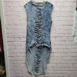 Kroix Distressed Acid Wash Long Denim Tunic Top Womens 1X Shredded Rocker Goth